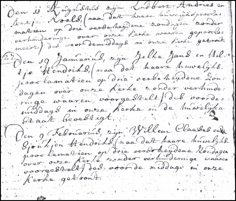 huwelijksregistratie van Jelke Jans en Hiltje Hendriks in de Hervormde Kerk van Drachten 19 januari 1727